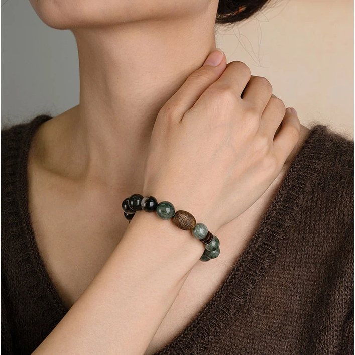 Green Rutilated Quartz & Green Phantom Agarwood Bracelet, Career Wealth Gift