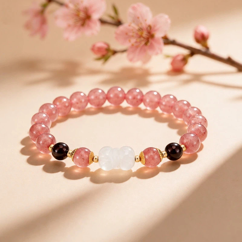 Rose Quartz Strawberry Quartz Bracelet, Valentine Wealth Gift