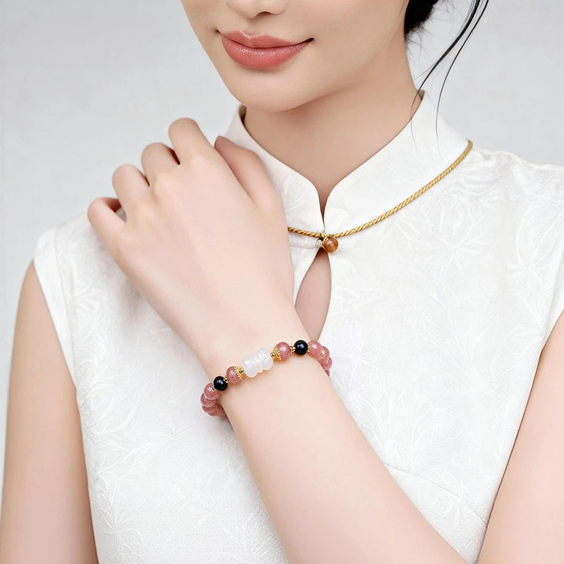 Rose Quartz Strawberry Quartz Bracelet, Valentine Wealth Gift