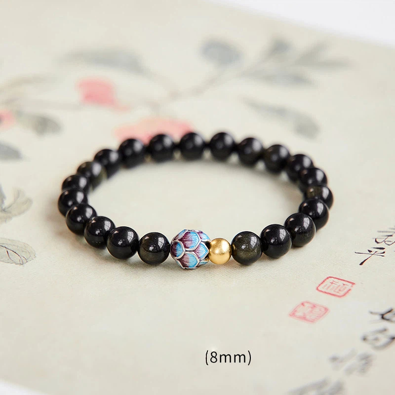 Obsidian Gold Bead Lotus Bracelet, Unisex Wealth Luck Crystal Jewelry