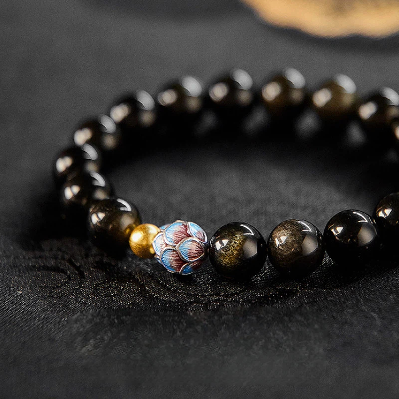 Obsidian Gold Bead Lotus Bracelet, Unisex Wealth Luck Crystal Jewelry