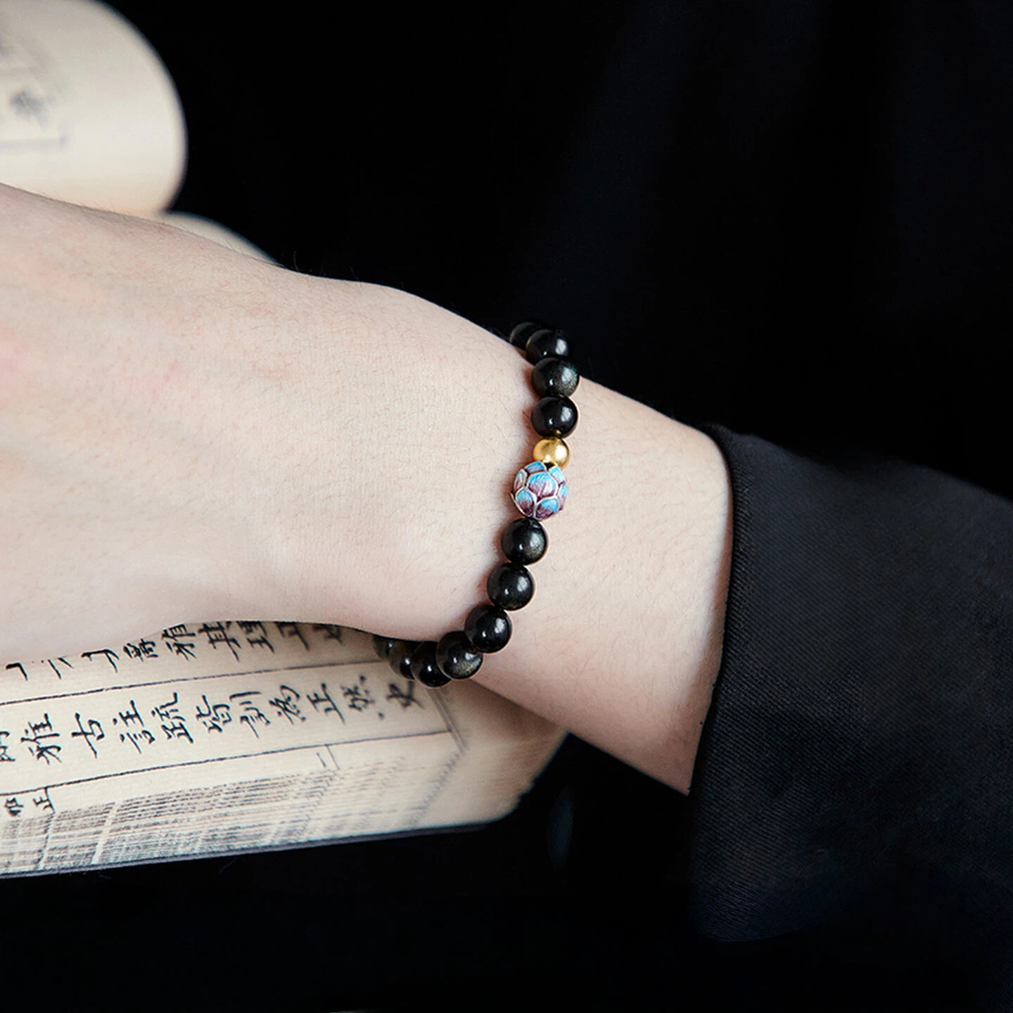 Obsidian Gold Bead Lotus Bracelet, Unisex Wealth Luck Crystal Jewelry