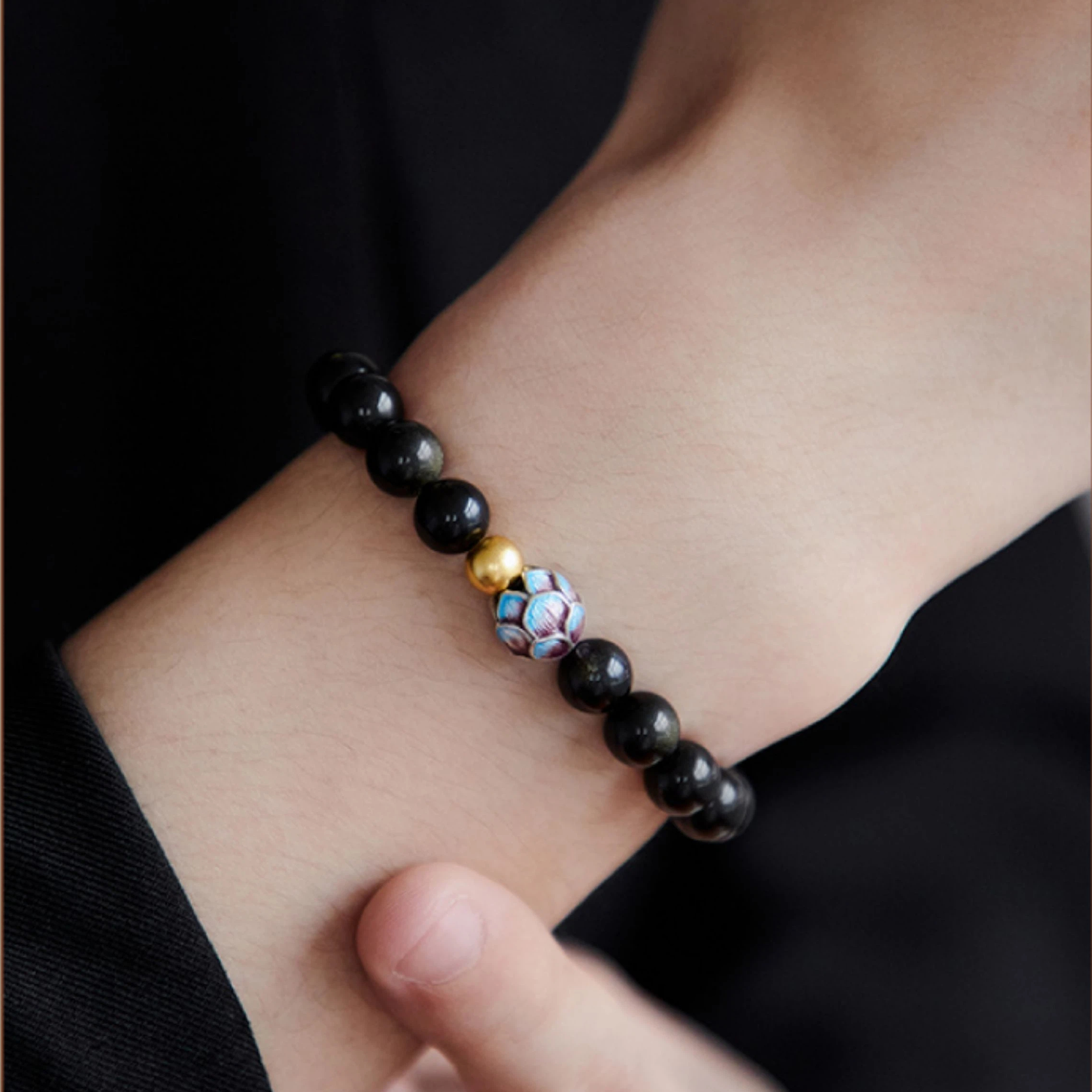 Obsidian Gold Bead Lotus Bracelet, Unisex Wealth Luck Crystal Jewelry