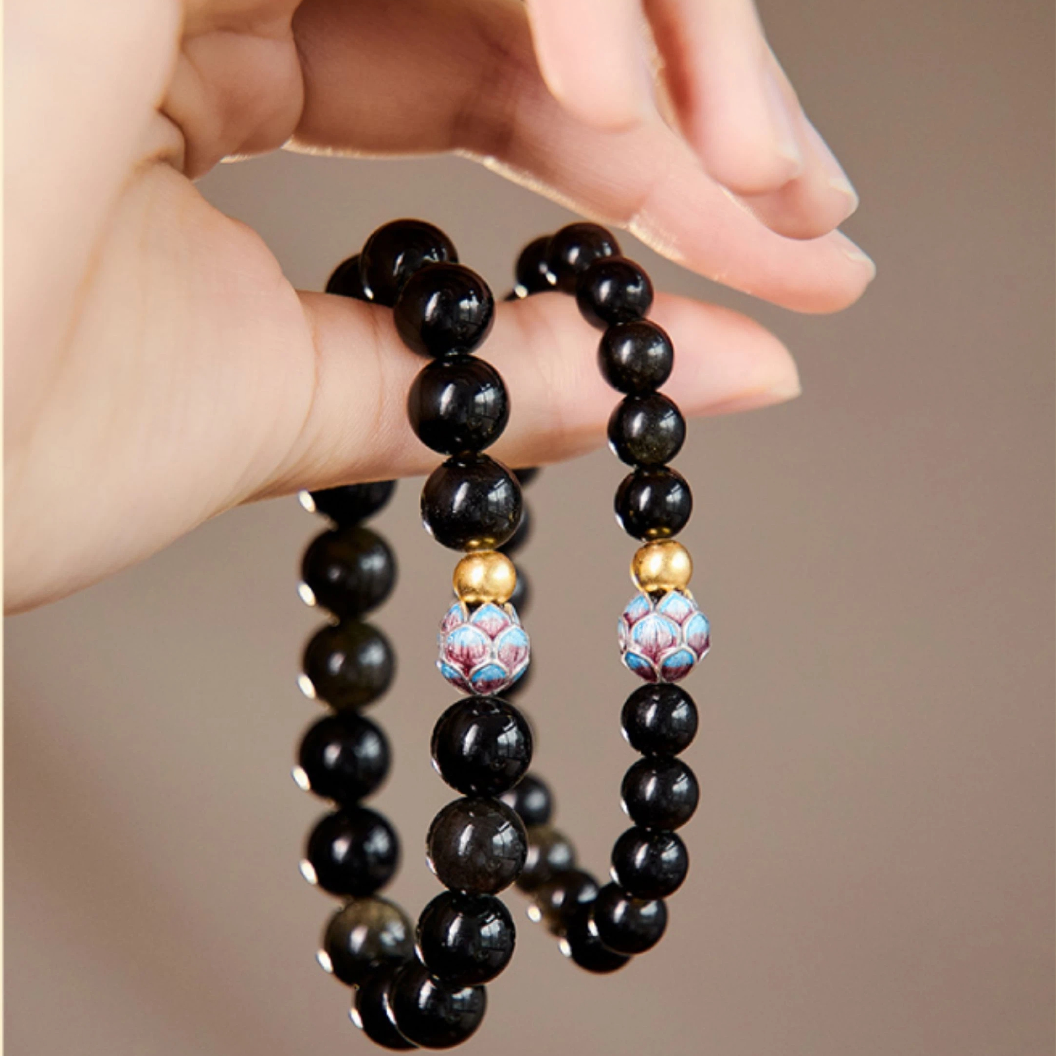 Obsidian Gold Bead Lotus Bracelet, Unisex Wealth Luck Crystal Jewelry