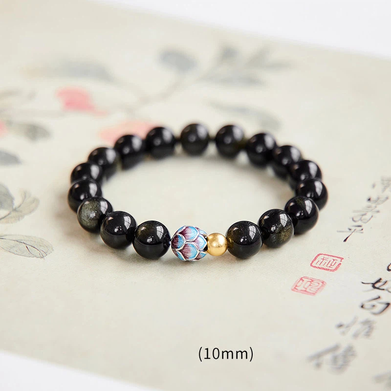Obsidian Gold Bead Lotus Bracelet, Unisex Wealth Luck Crystal Jewelry