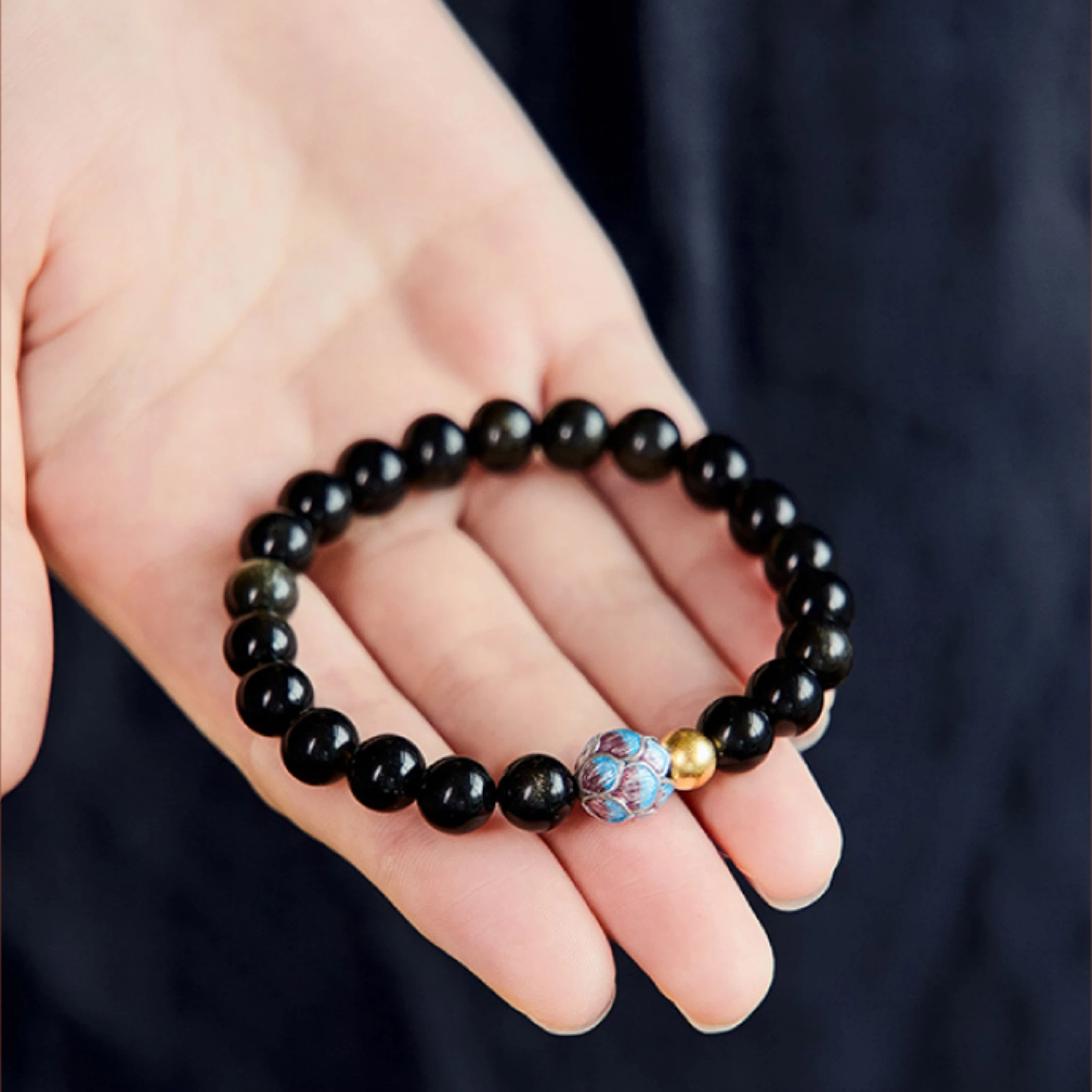 Obsidian Gold Bead Lotus Bracelet, Unisex Wealth Luck Crystal Jewelry