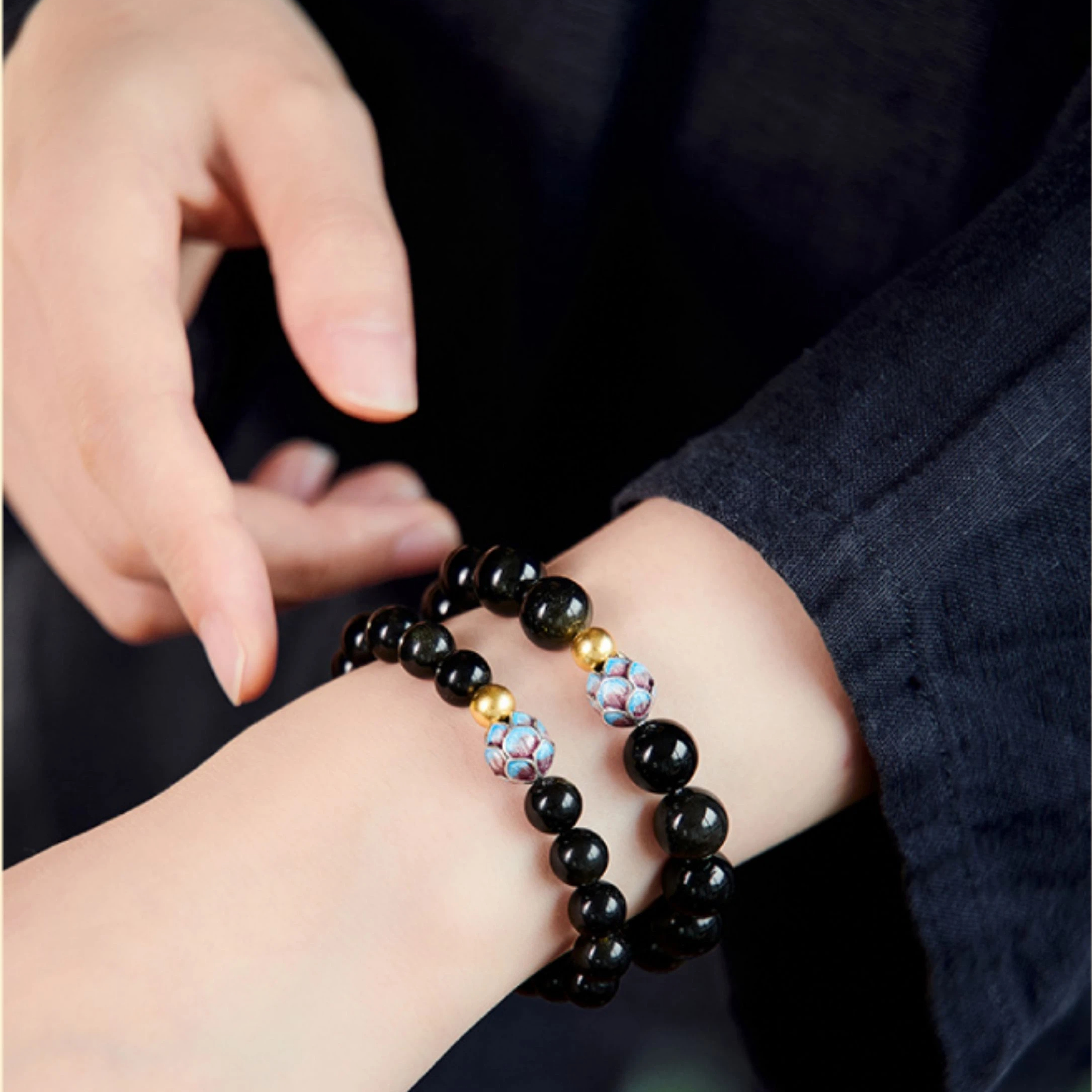Obsidian Gold Bead Lotus Bracelet, Unisex Wealth Luck Crystal Jewelry