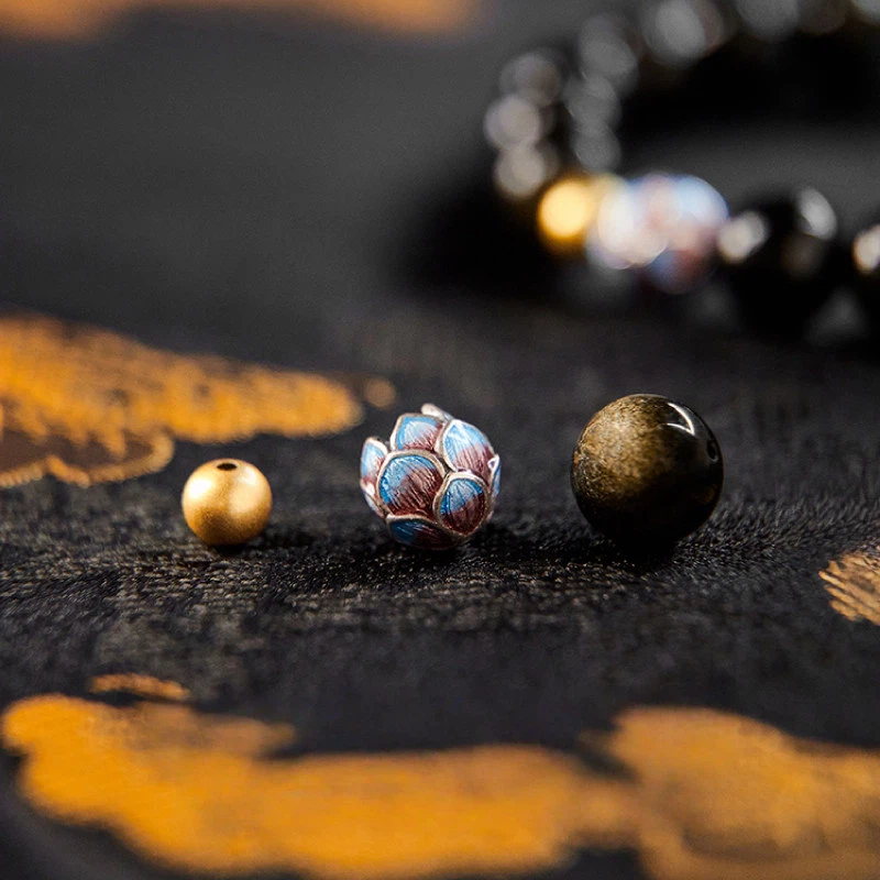 Obsidian Gold Bead Lotus Bracelet, Unisex Wealth Luck Crystal Jewelry