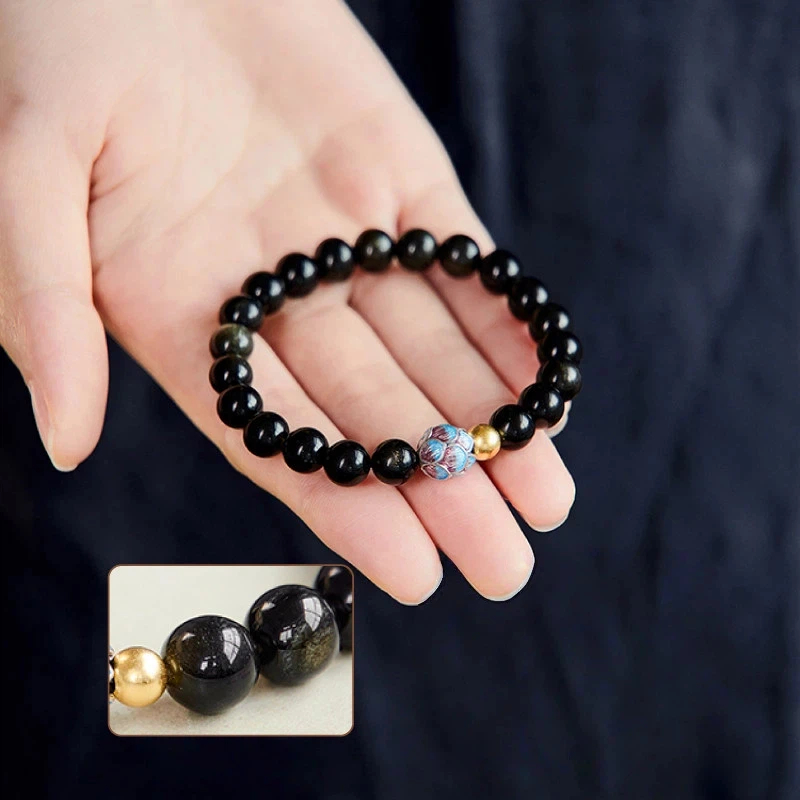 Obsidian Gold Bead Lotus Bracelet, Unisex Wealth Luck Crystal Jewelry