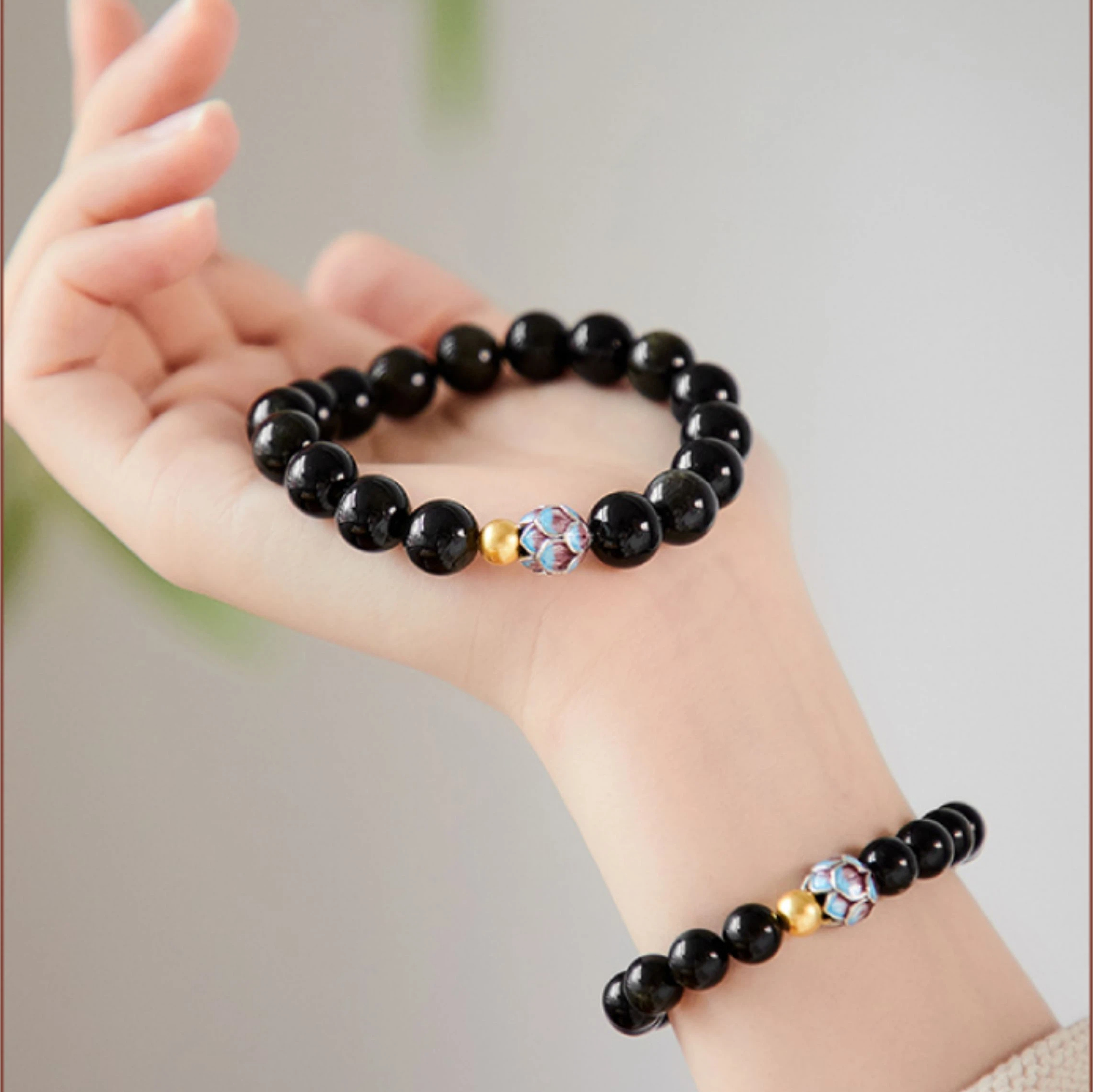 Obsidian Gold Bead Lotus Bracelet, Unisex Wealth Luck Crystal Jewelry