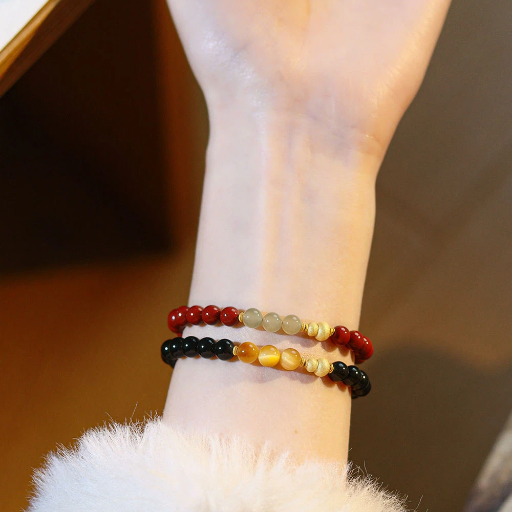 Natural Obsidian Cinnabar Hetian Jade Tiger Eye Bracelet, Sterling Silver Gourd Couple Gift
