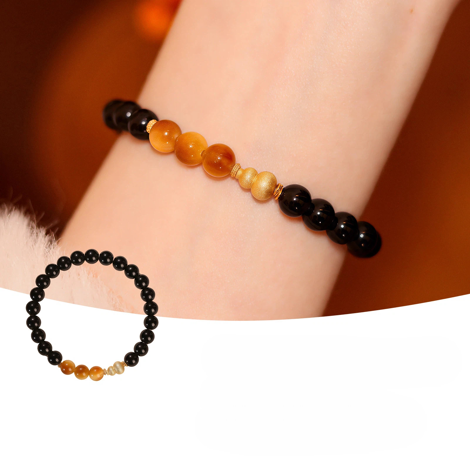Natural Obsidian Cinnabar Hetian Jade Tiger Eye Bracelet, Sterling Silver Gourd Couple Gift