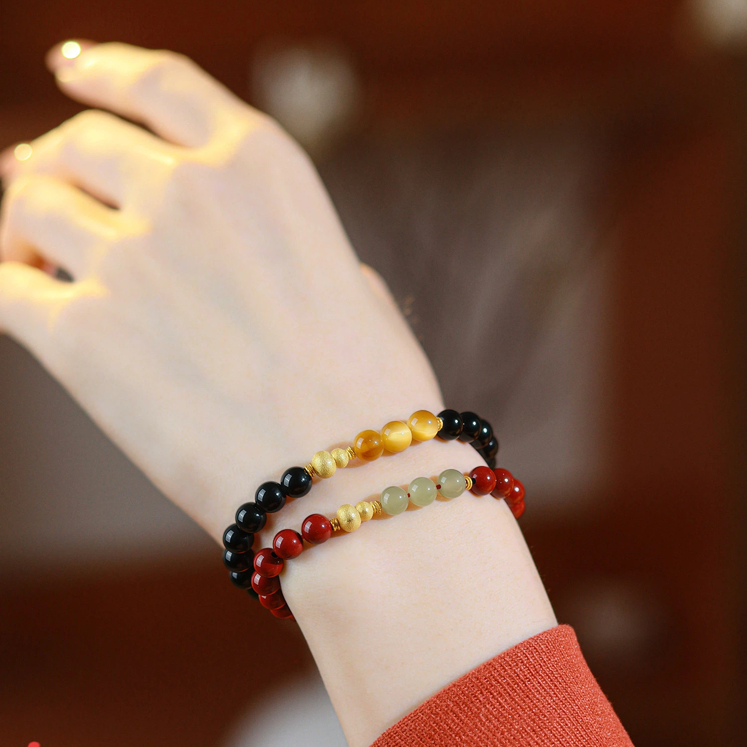 Natural Obsidian Cinnabar Hetian Jade Tiger Eye Bracelet, Sterling Silver Gourd Couple Gift