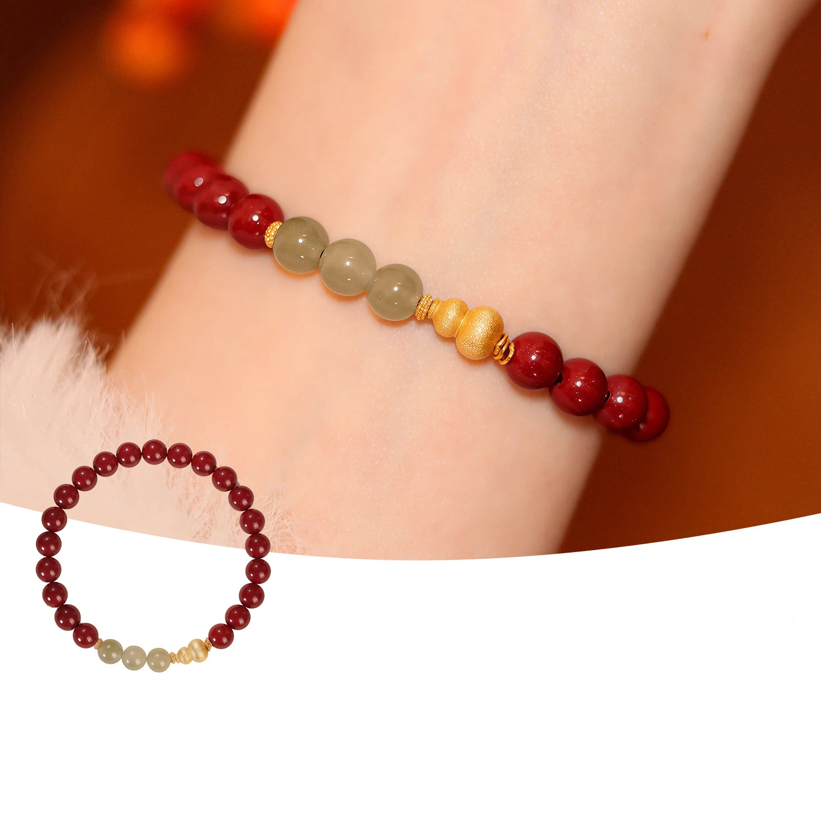 Natural Obsidian Cinnabar Hetian Jade Tiger Eye Bracelet, Sterling Silver Gourd Couple Gift
