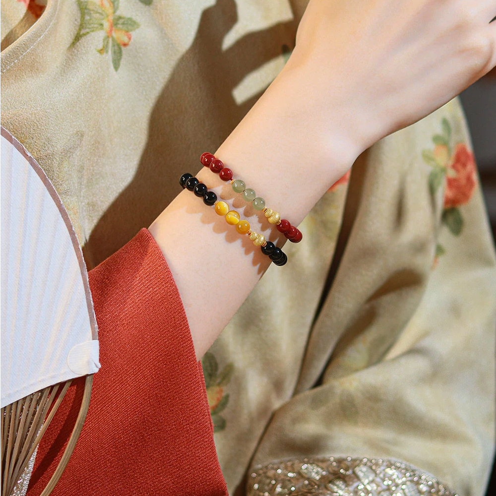 Natural Obsidian Cinnabar Hetian Jade Tiger Eye Bracelet, Sterling Silver Gourd Couple Gift