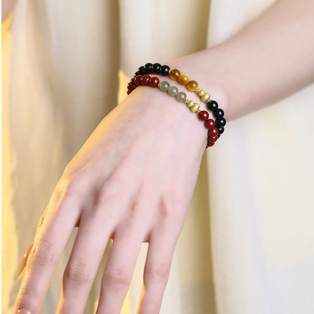 Natural Obsidian Cinnabar Hetian Jade Tiger Eye Bracelet, Sterling Silver Gourd Couple Gift