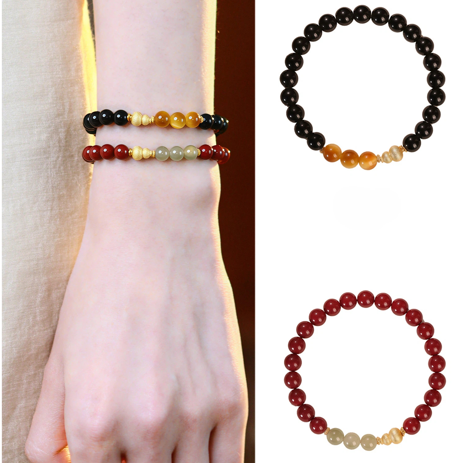 Natural Obsidian Cinnabar Hetian Jade Tiger Eye Bracelet, Sterling Silver Gourd Couple Gift