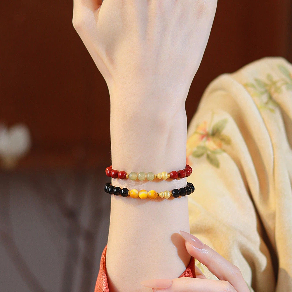 Natural Obsidian Cinnabar Hetian Jade Tiger Eye Bracelet, Sterling Silver Gourd Couple Gift