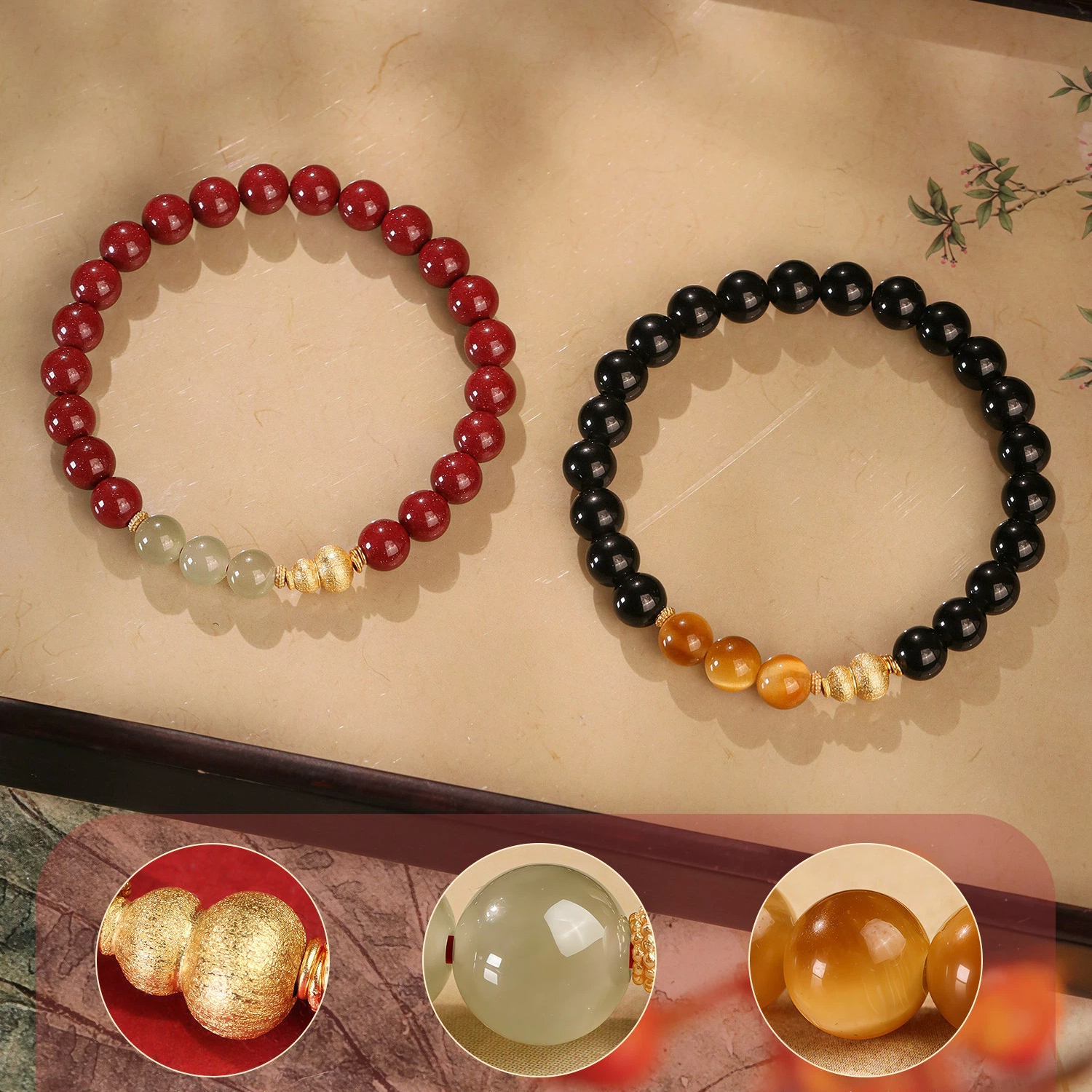 Natural Obsidian Cinnabar Hetian Jade Tiger Eye Bracelet, Sterling Silver Gourd Couple Gift