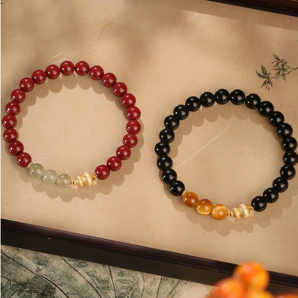 Natural Obsidian Cinnabar Hetian Jade Tiger Eye Bracelet, Sterling Silver Gourd Couple Gift