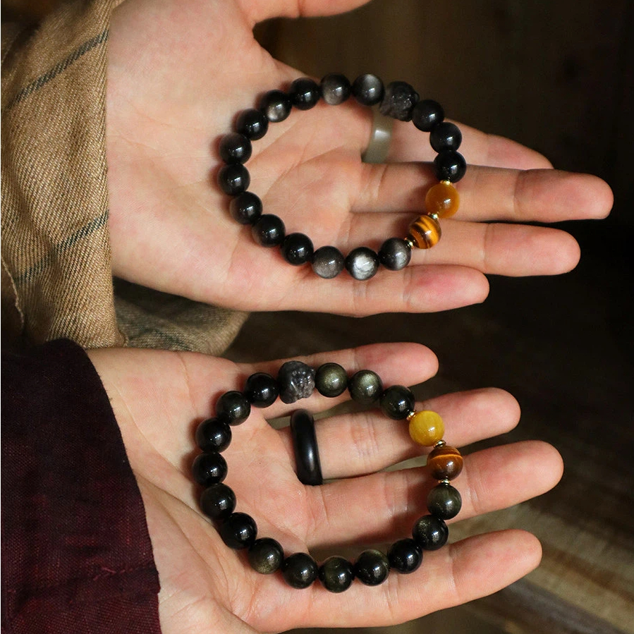 Gold & Silver Sheen Obsidian Fortune Bead Bracelet, Unisex Couple Gift