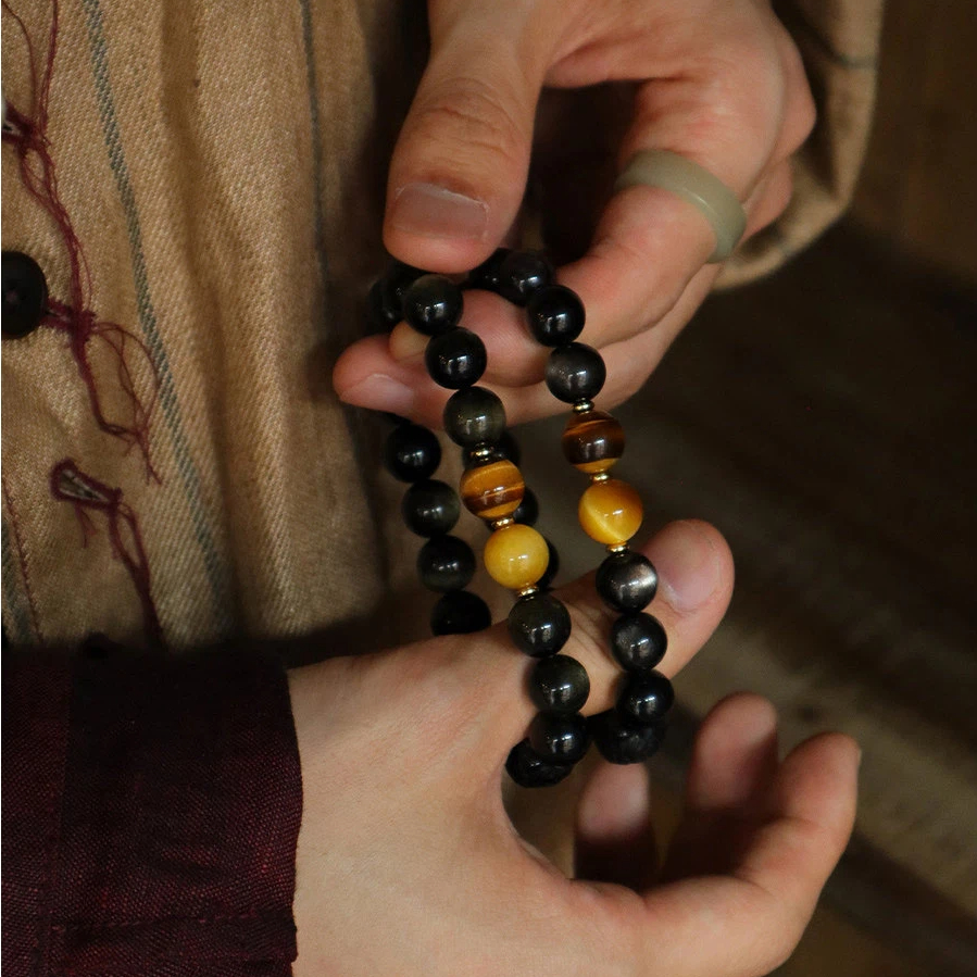 Gold & Silver Sheen Obsidian Fortune Bead Bracelet, Unisex Couple Gift