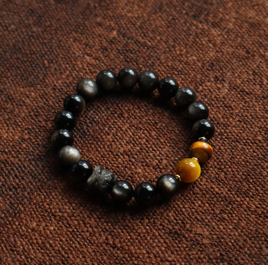 Gold & Silver Sheen Obsidian Fortune Bead Bracelet, Unisex Couple Gift