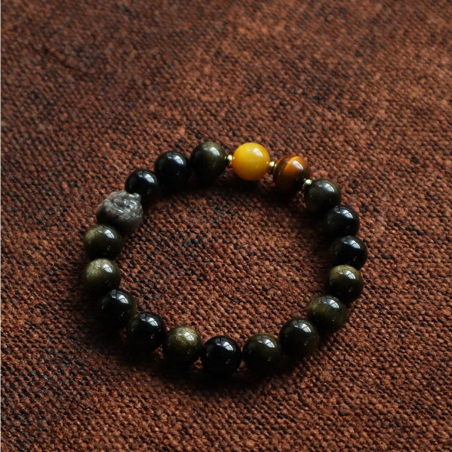 Gold & Silver Sheen Obsidian Fortune Bead Bracelet, Unisex Couple Gift