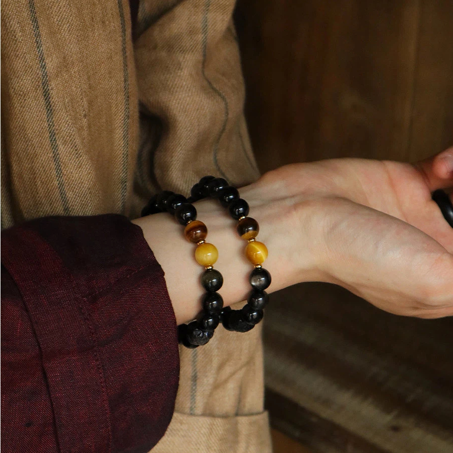 Gold & Silver Sheen Obsidian Fortune Bead Bracelet, Unisex Couple Gift