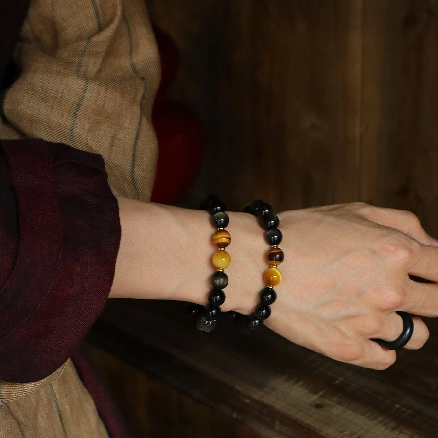 Gold & Silver Sheen Obsidian Fortune Bead Bracelet, Unisex Couple Gift