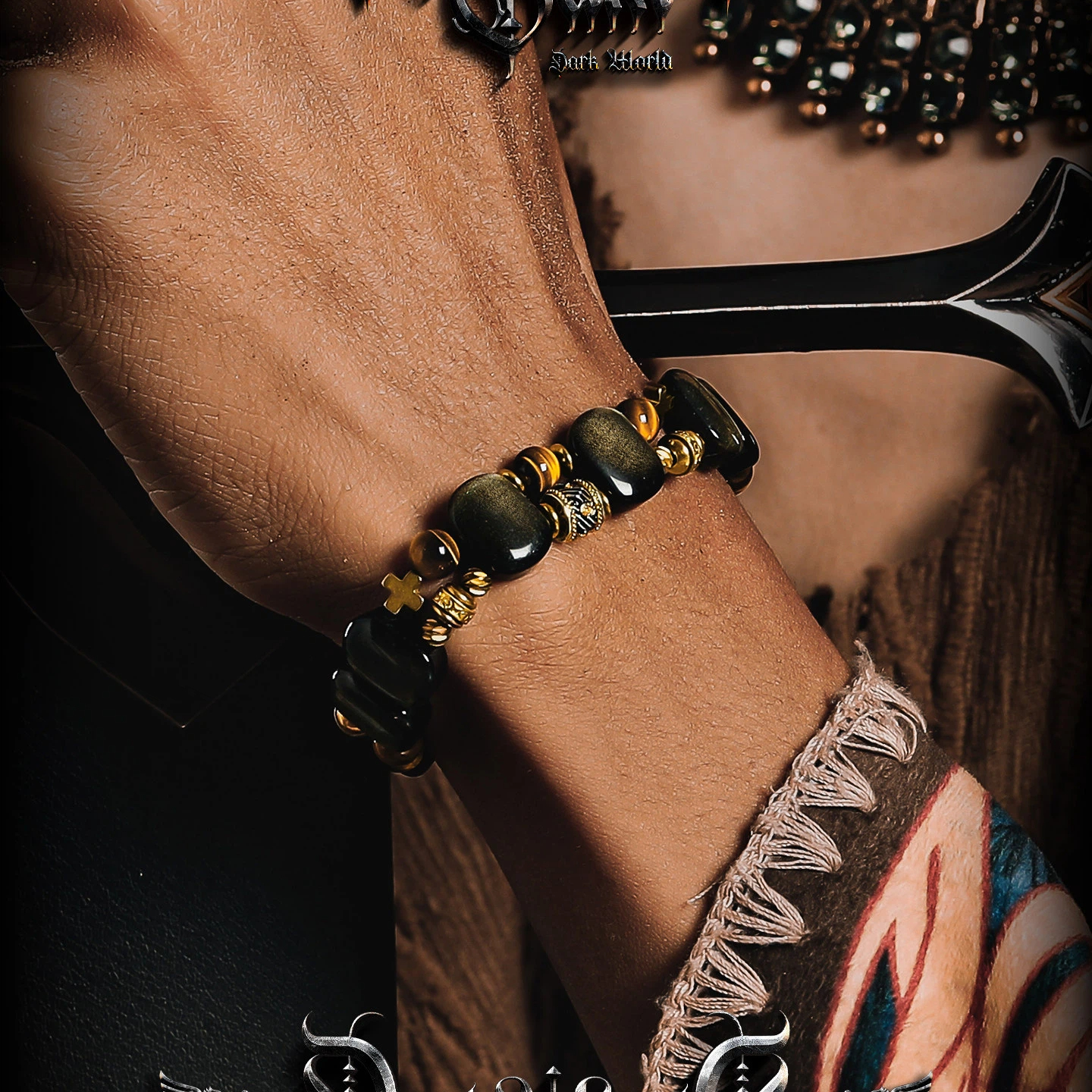 Men's Obsidian Tiger Eye Bracelet, Vintage Halloween Gift