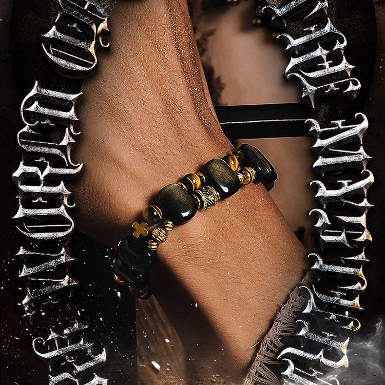 Men's Obsidian Tiger Eye Bracelet, Vintage Halloween Gift