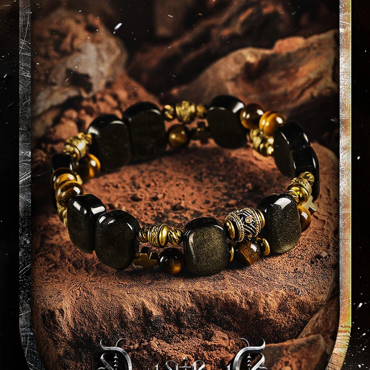 Men's Obsidian Tiger Eye Bracelet, Vintage Halloween Gift