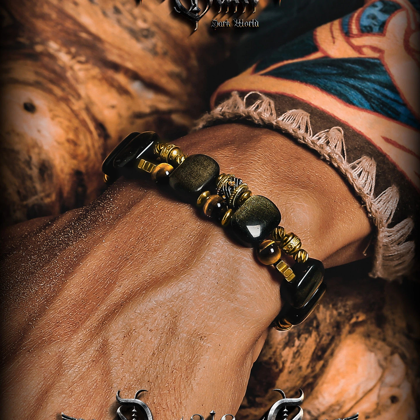 Men's Obsidian Tiger Eye Bracelet, Vintage Halloween Gift