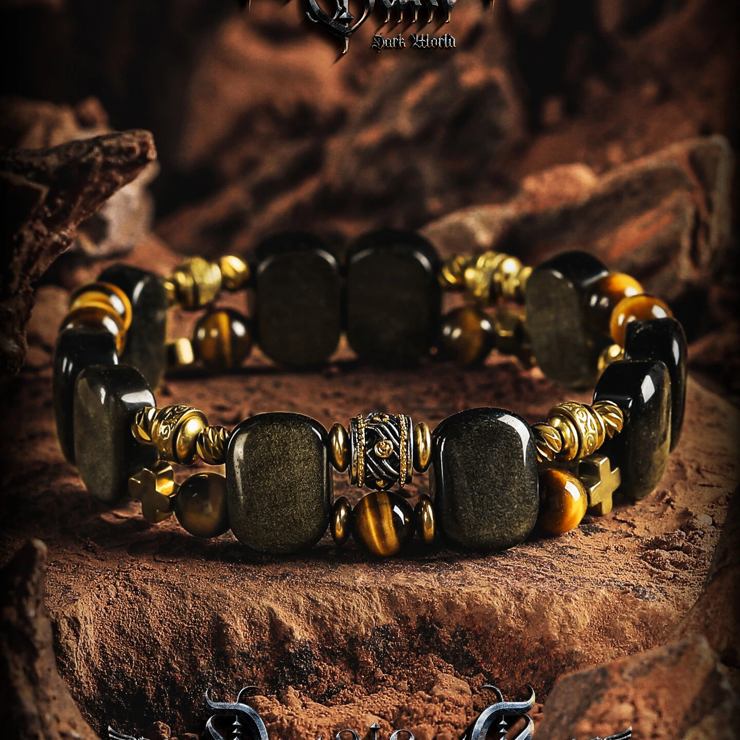 Men's Obsidian Tiger Eye Bracelet, Vintage Halloween Gift