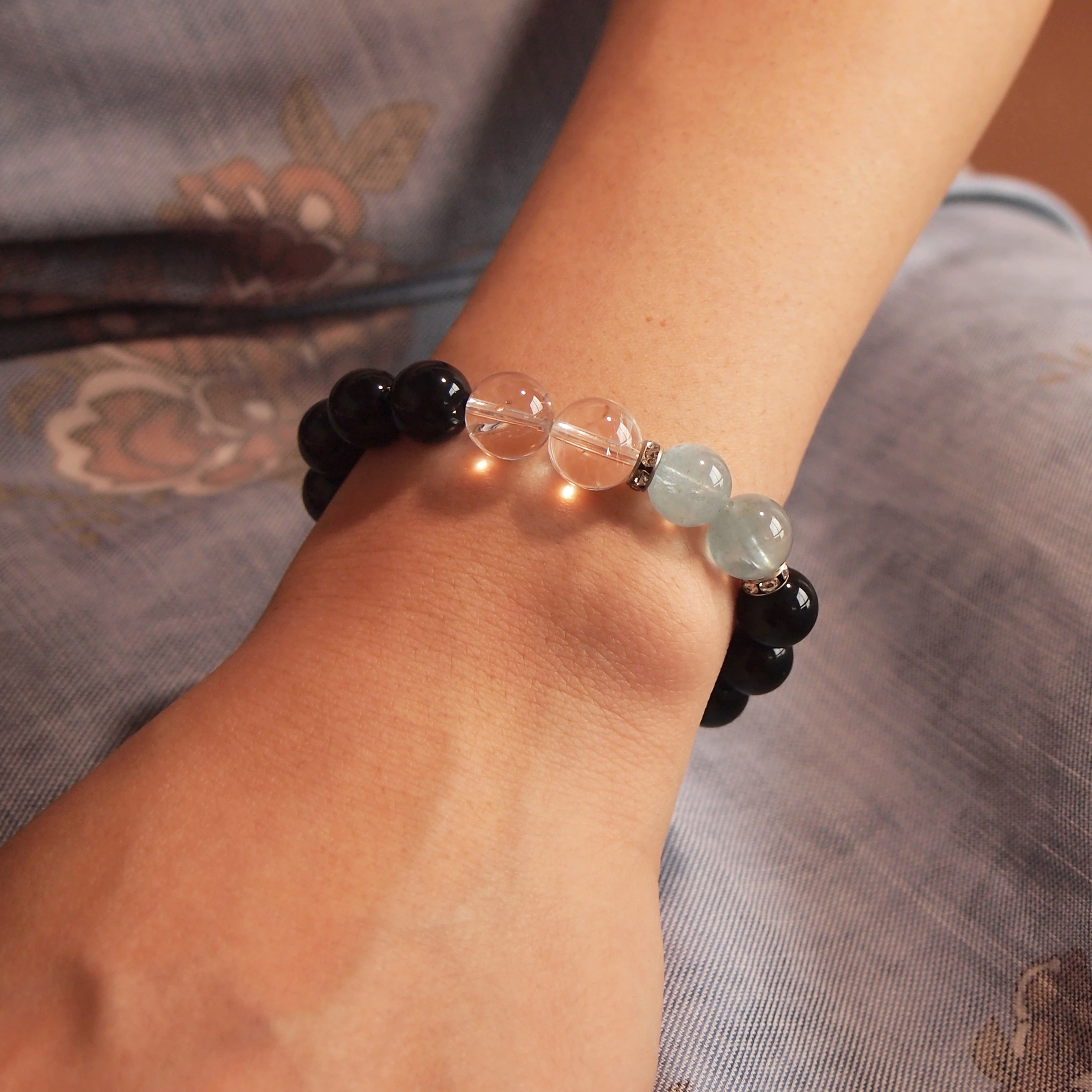 Obsidian Aquamarine Bracelet, Luck & Protection, Birthday Gift