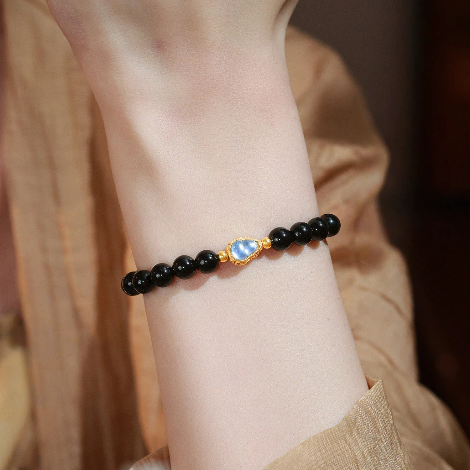 Natural Obsidian S925 Silver Aquamarine Gourd Bracelet for Women