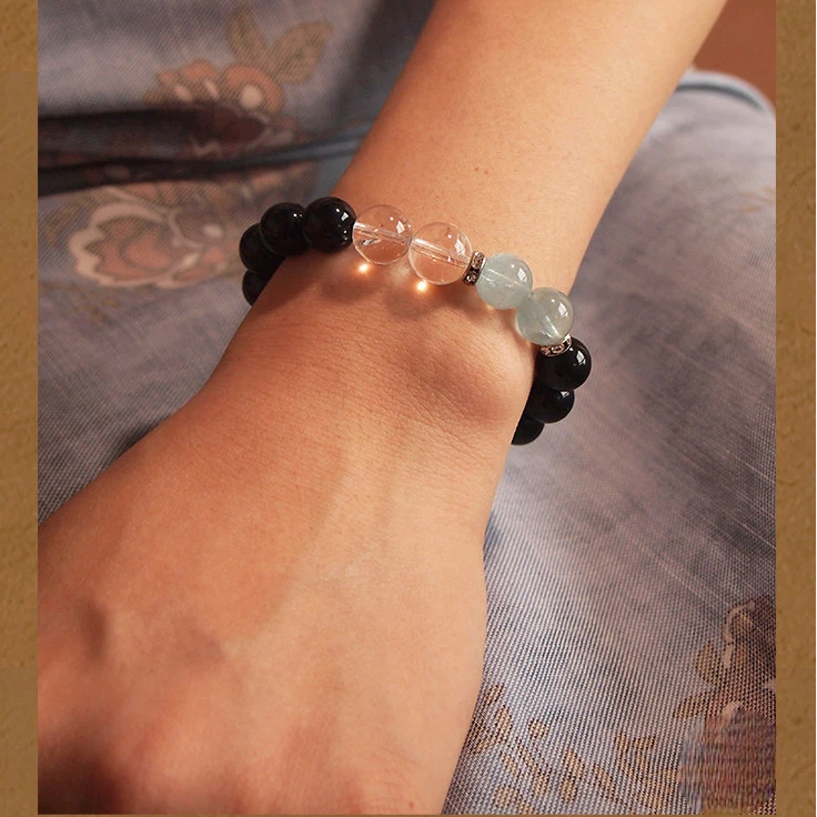 Obsidian Aquamarine Bracelet, Luck & Protection, Birthday Gift