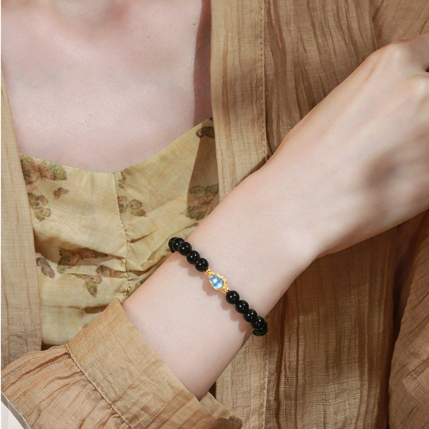 Natural Obsidian S925 Silver Aquamarine Gourd Bracelet for Women