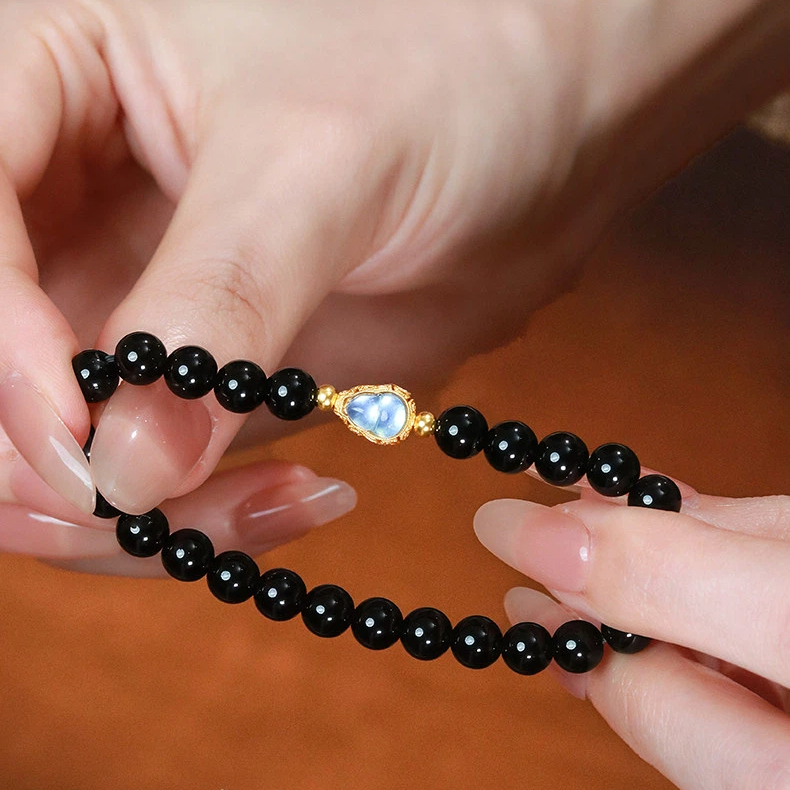 Natural Obsidian S925 Silver Aquamarine Gourd Bracelet for Women