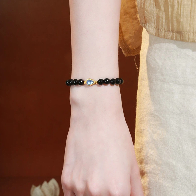 Natural Obsidian S925 Silver Aquamarine Gourd Bracelet for Women