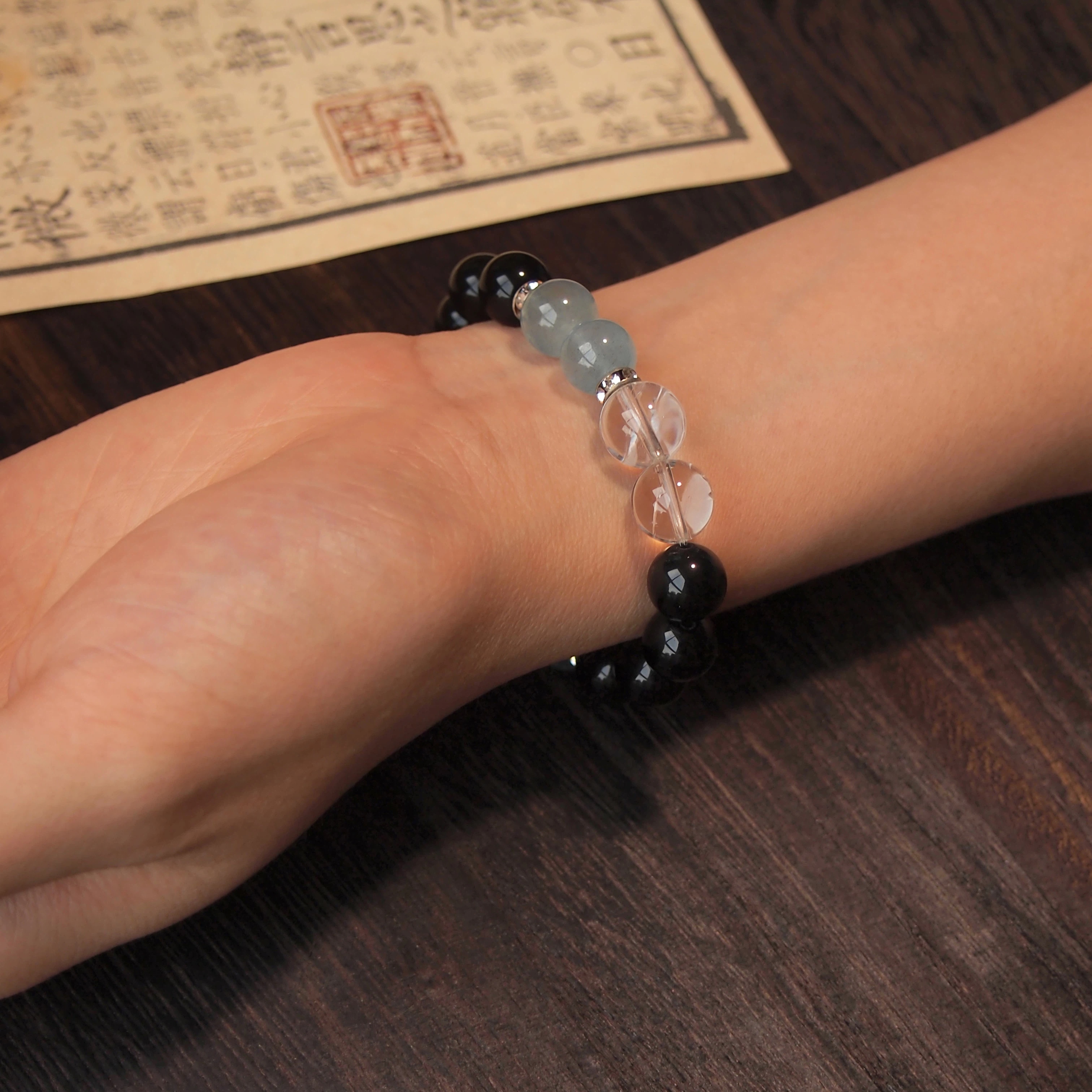 Obsidian Aquamarine Bracelet, Luck & Protection, Birthday Gift