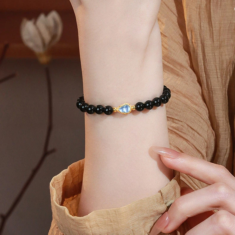 Natural Obsidian S925 Silver Aquamarine Gourd Bracelet for Women