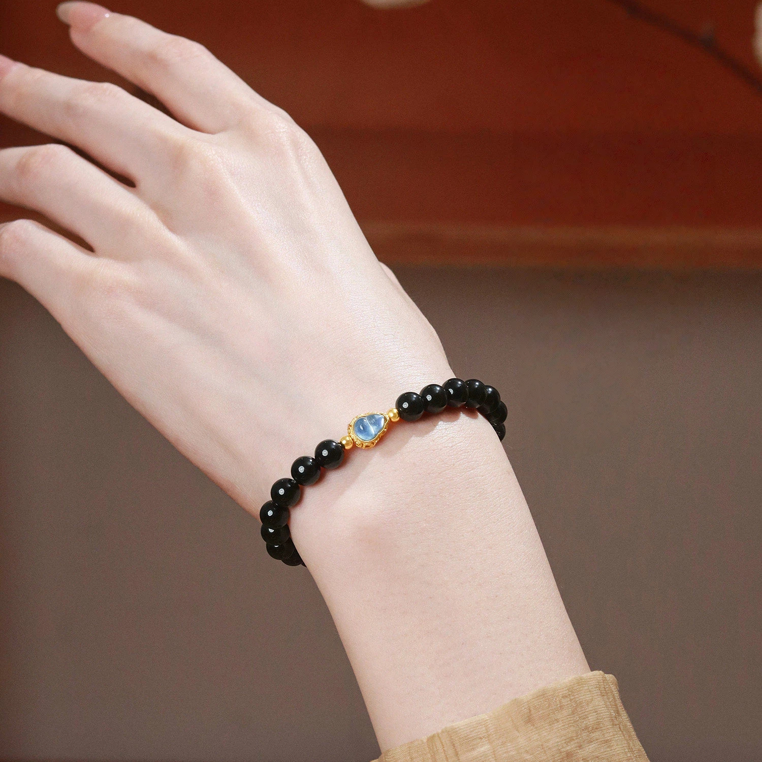 Natural Obsidian S925 Silver Aquamarine Gourd Bracelet for Women