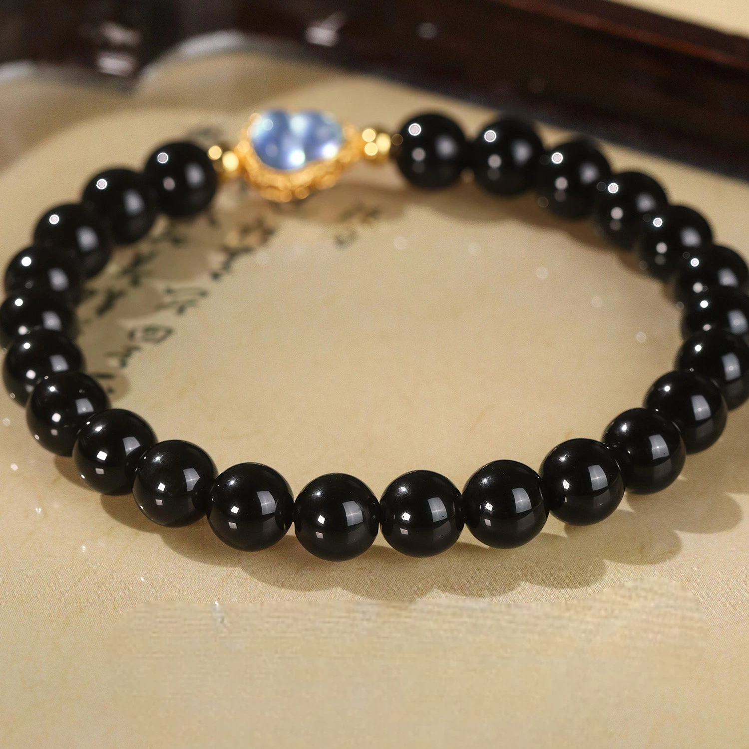 Natural Obsidian S925 Silver Aquamarine Gourd Bracelet for Women