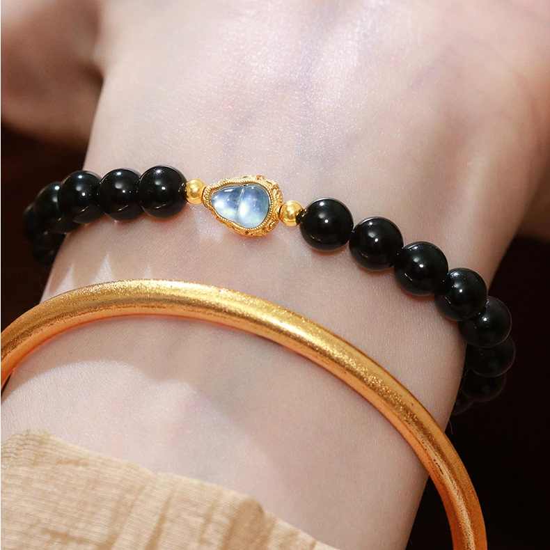 Natural Obsidian S925 Silver Aquamarine Gourd Bracelet for Women