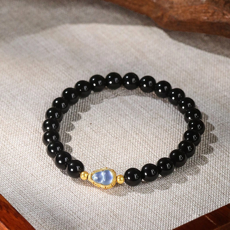 Natural Obsidian S925 Silver Aquamarine Gourd Bracelet for Women