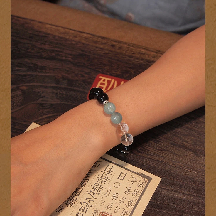 Obsidian Aquamarine Bracelet, Luck & Protection, Birthday Gift