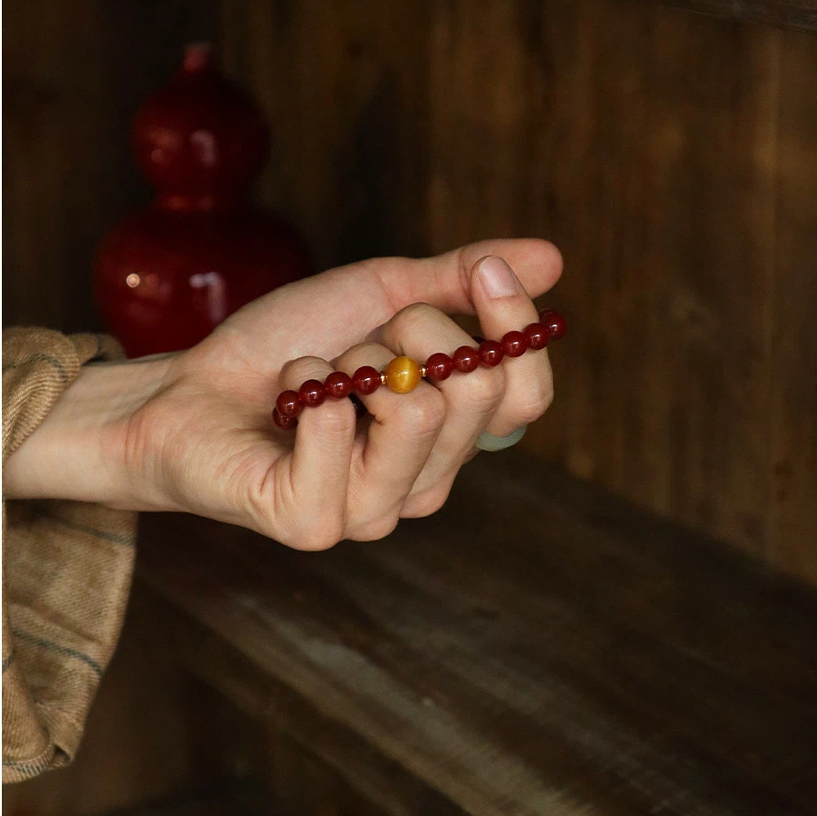 Red Agate & Golden Tiger Eye Bracelet, Fire Element Wealth Zodiac Year Gift for Women