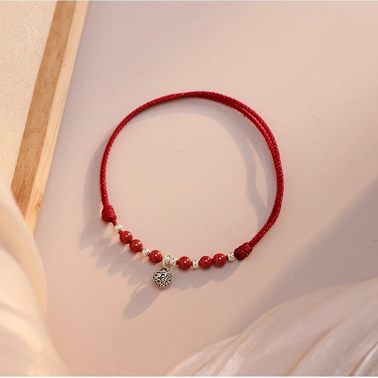 Sterling Silver Cinnabar Bell Red String Bracelet, Vintage Gift for Women